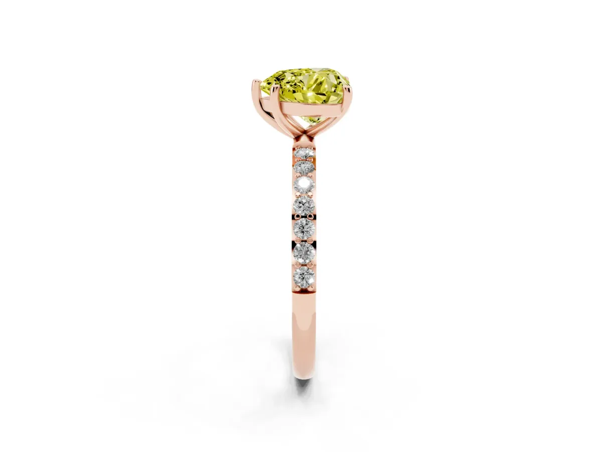 Fancy Yellow Heart Cut Diamond Solitaire Ring with Round Pavé Shoulders and Prong Setting Rose gold