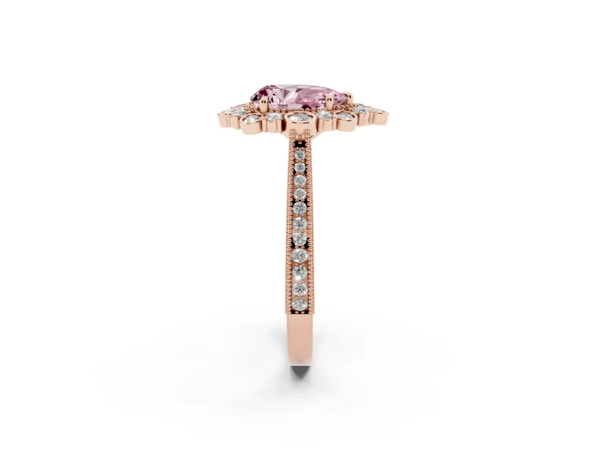Fancy Pink Pear Cut Halo Milgrain Pave Diamond Ring with Four-Prong Setting Rose gold