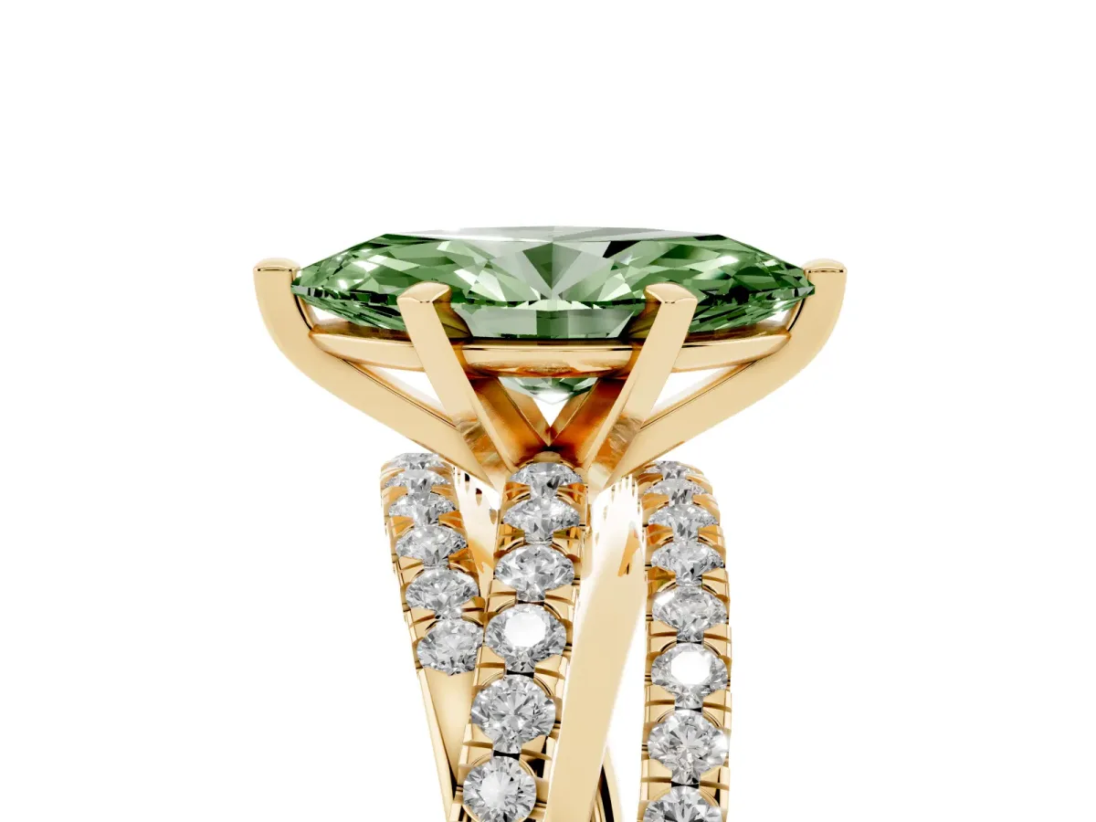 Fancy Green Marquise Cut Solitaire Twist Band with Pavé Setting and Four-Prong Setting Yellow gold