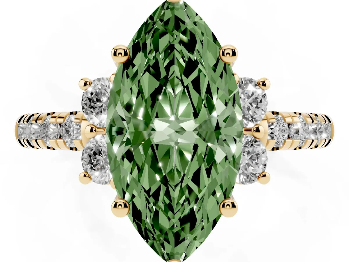 Fancy Green Marquise Cut Diamond Three-Stone Pave Band with Four-Prong Setting Yellow gold
