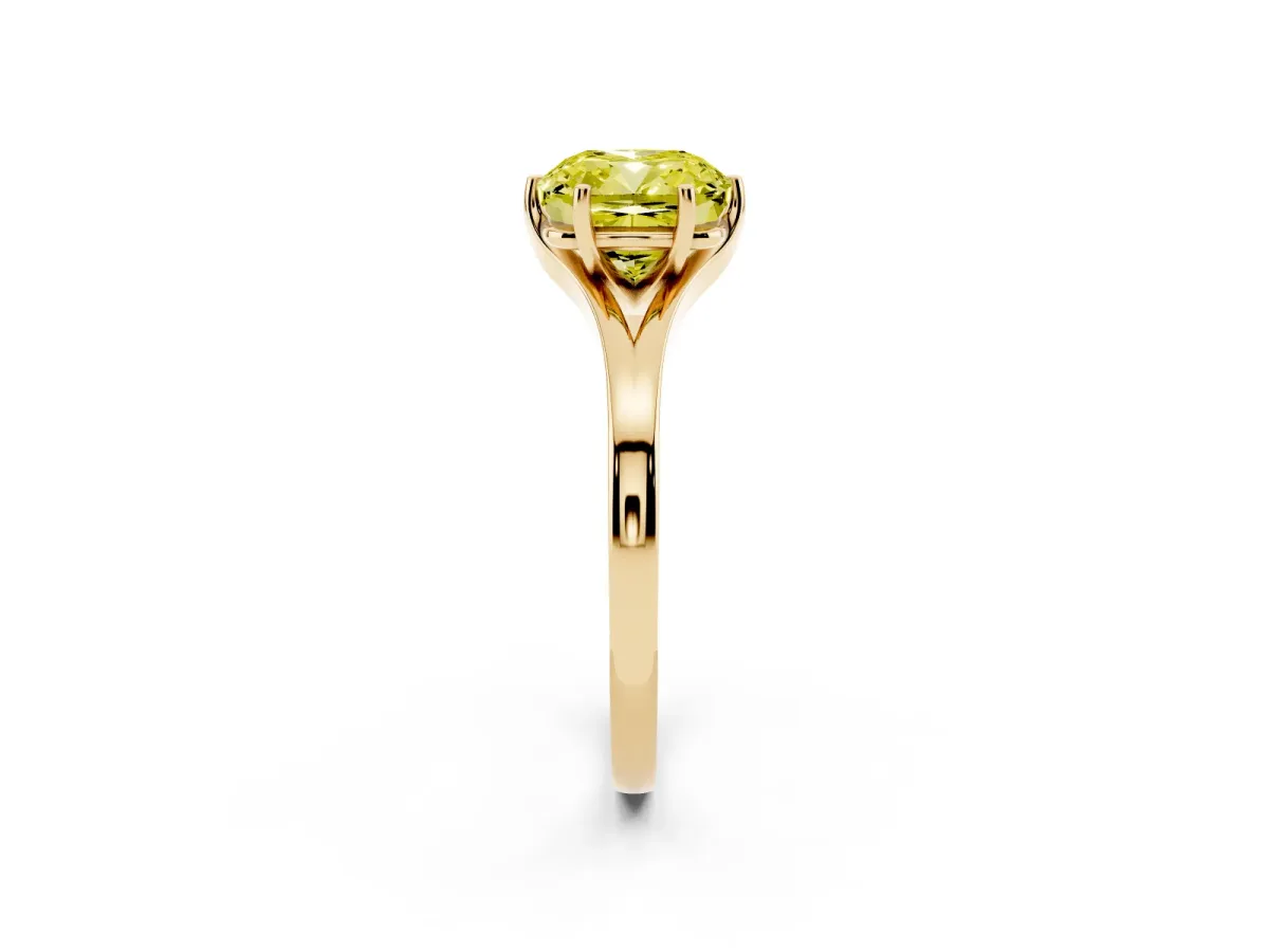 Fancy Yellow Cushion Cut Solitaire Diamond Ring with Six-Prong Setting and Tapered Band Yellow gold