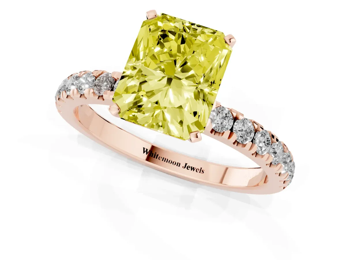 Fancy Yellow Radiant Cut Diamond Solitaire Ring with Pavé Accents and Four-Prong Setting Rose gold