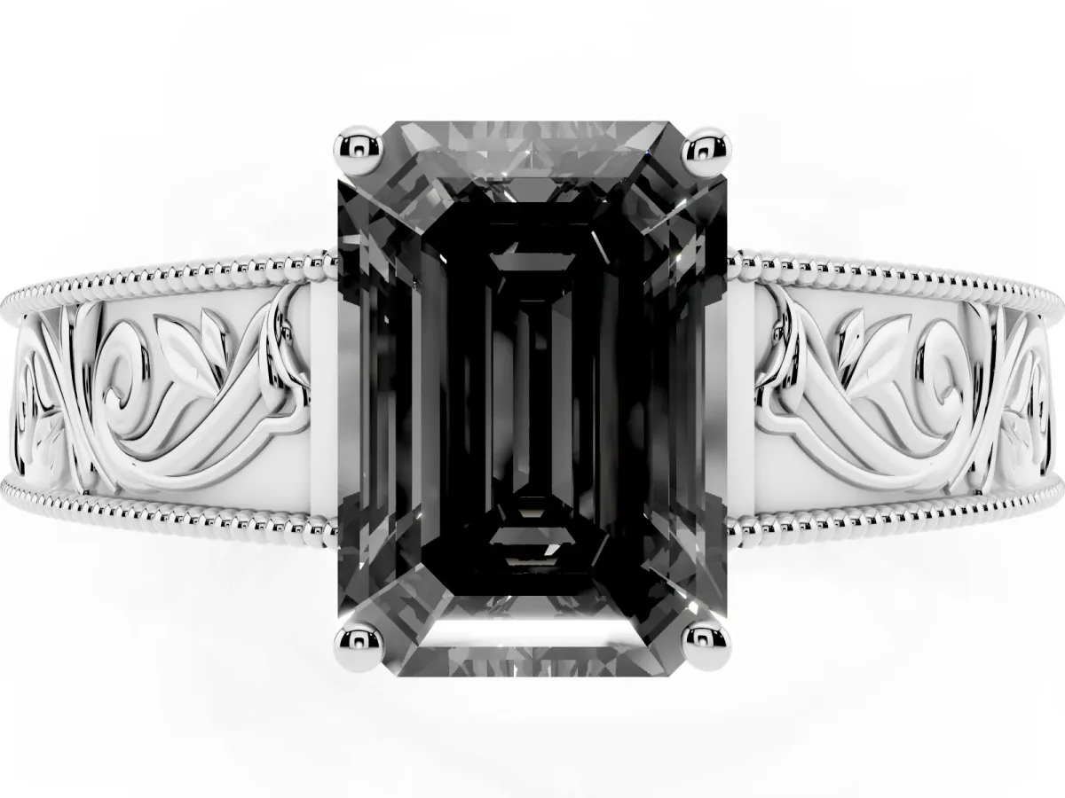 Fancy Black Emerald Cut Diamond Solitaire Ring with Engraved Band and Four-Prong Setting White gold