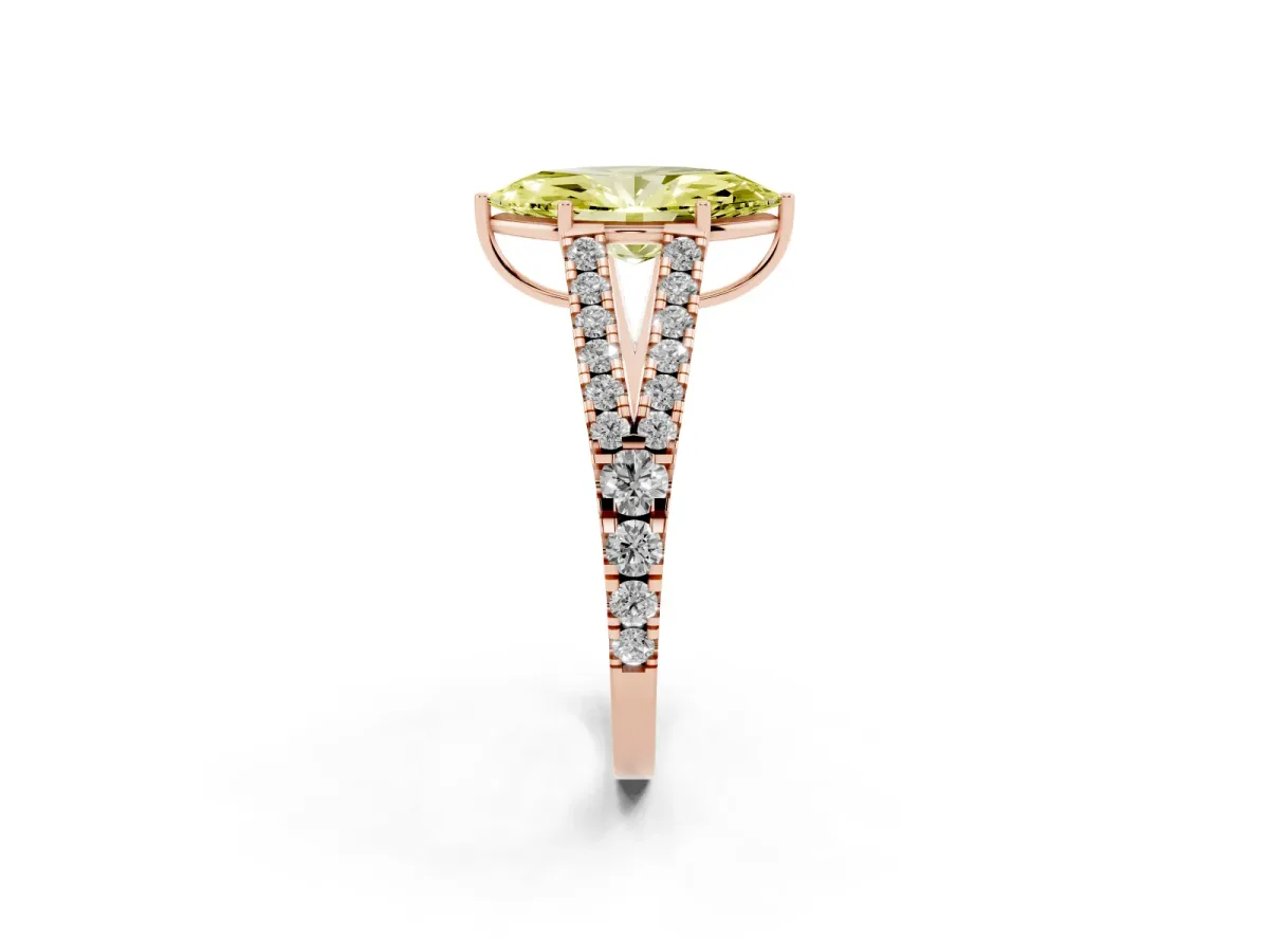 Fancy Yellow Marquise Cut Diamond Split Shank Pavé Engagement Ring with Four-Prong Setting Rose gold