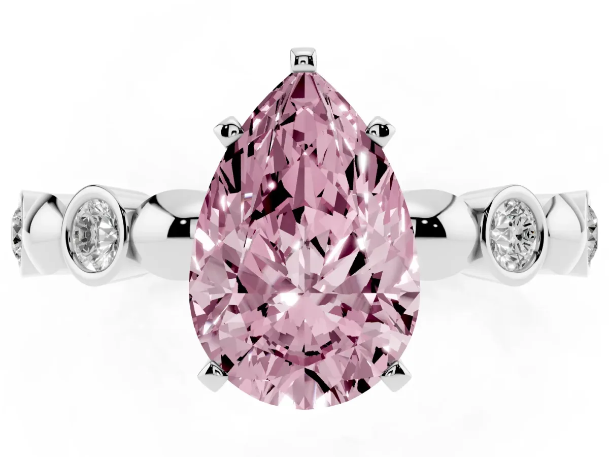Fancy Pink Pear Cut Solitaire Bezel-Set Diamond Ring with Beaded Band and Four-Prong Setting Silver