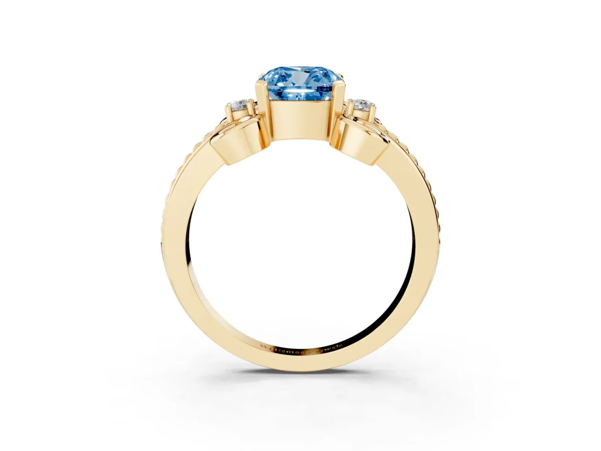 Fancy Blue Cushion Cut Solitaire Twisted Band Scroll Prong Ring Yellow gold