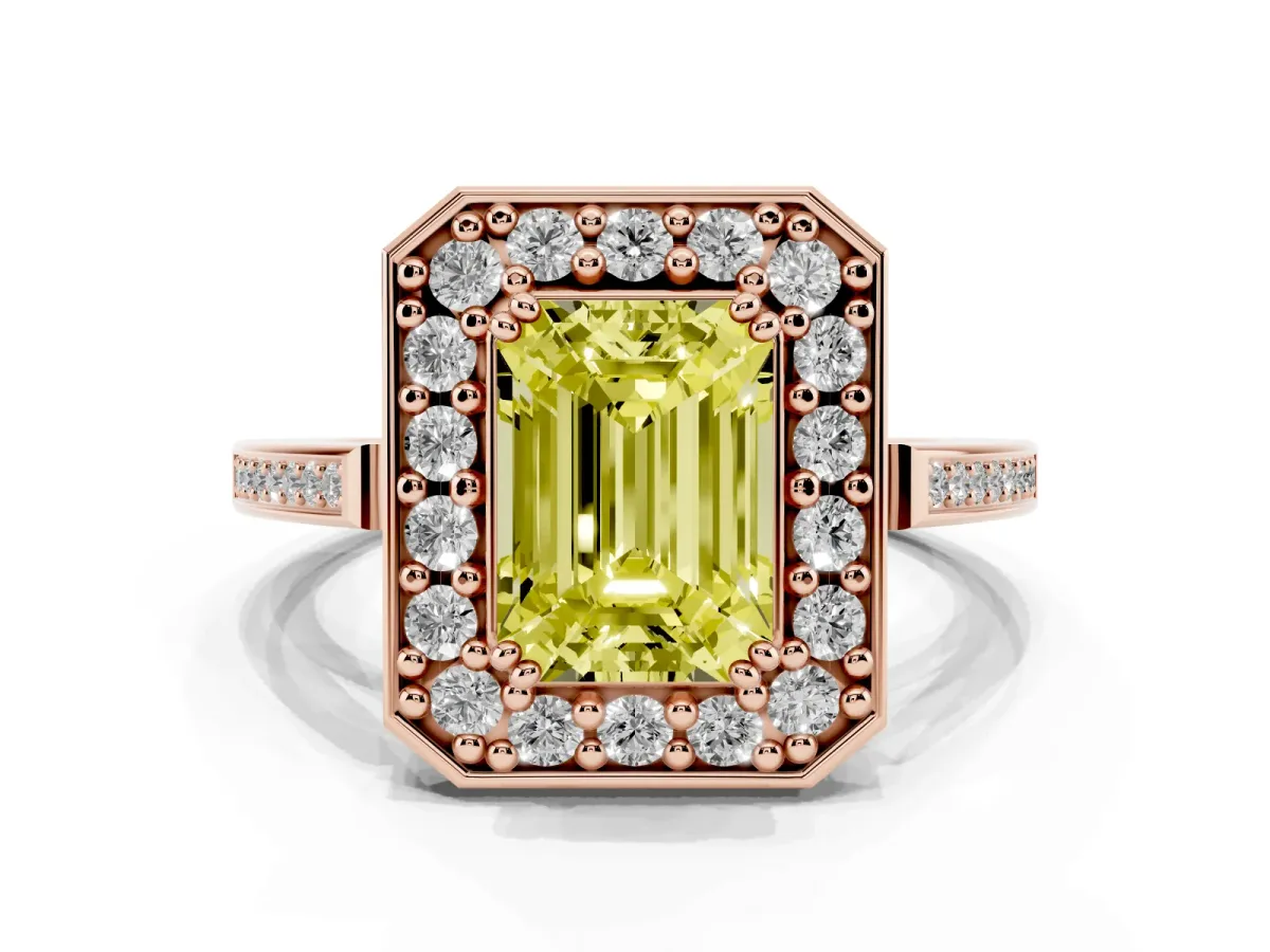 Fancy Yellow Emerald Cut Diamond Halo Ring with Split Shank and Four-Prong Setting Rose gold