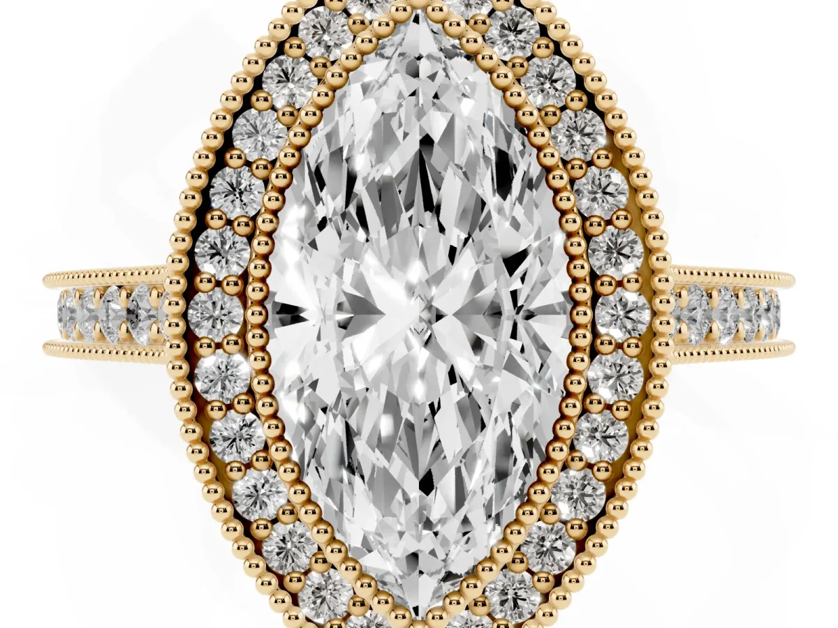 Halo Marquise Cut-Cut Diamond Pave Band Milgrain Prong Setting Ring Yellow gold