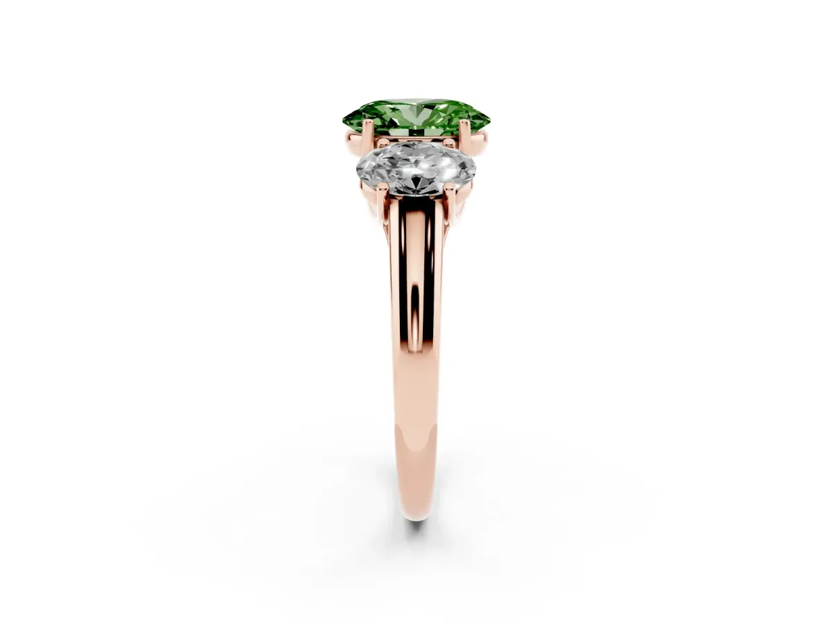 Fancy Green Three-Stone Oval Cut Diamond Engagement Ring with Prong Setting Rose gold