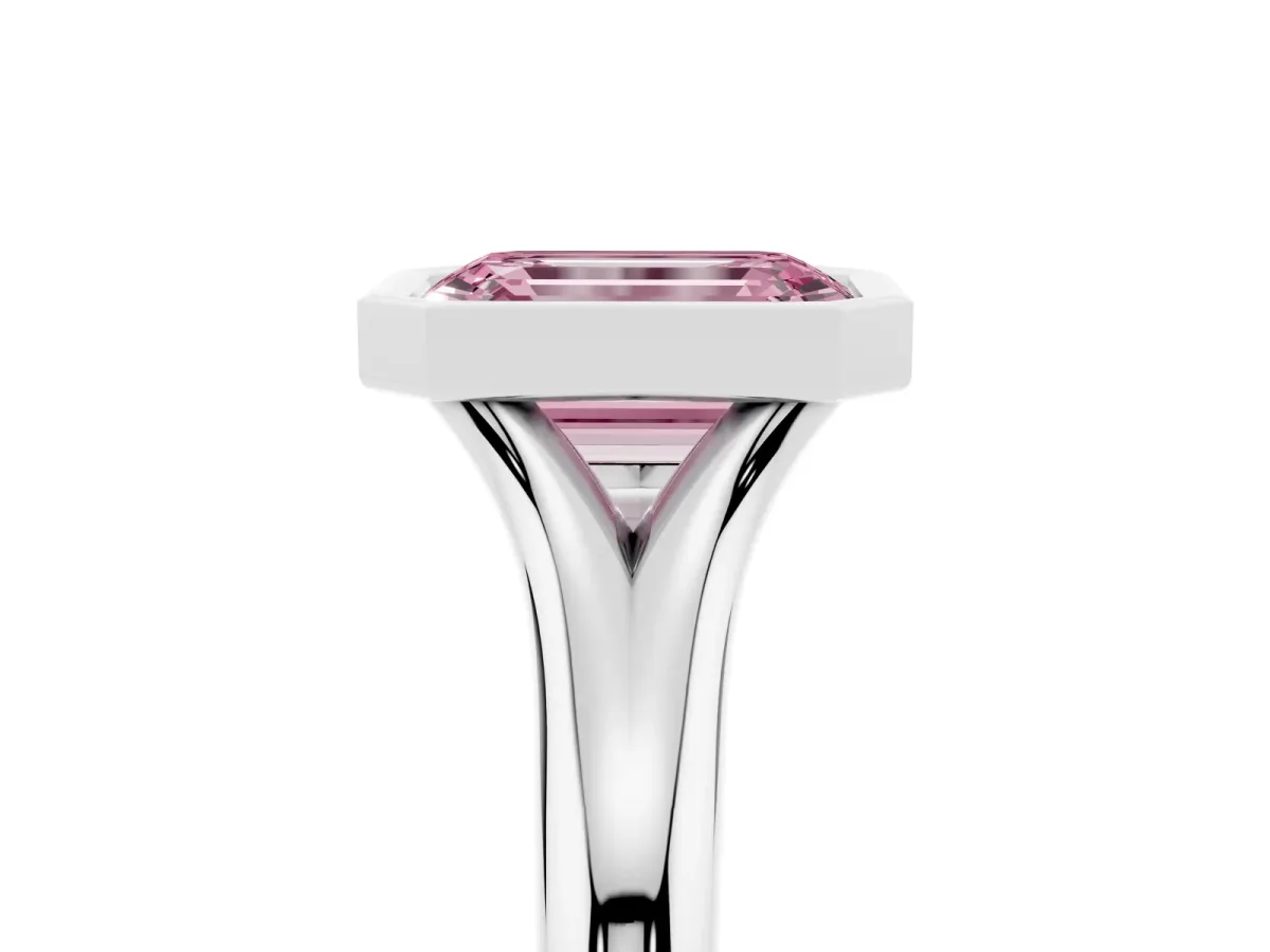 Fancy Pink Bezel Set Emerald Cut Solitaire Diamond Ring with Smooth Band Silver