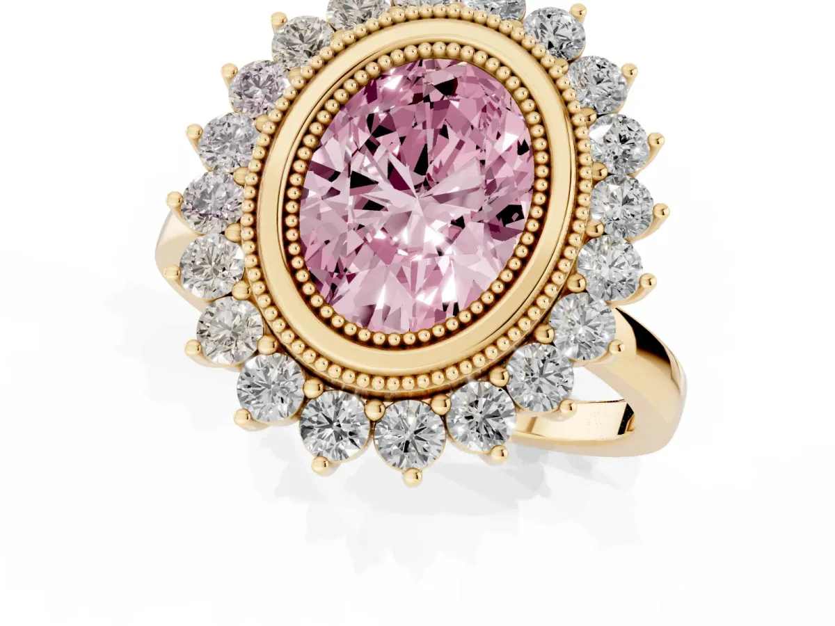 Fancy Pink Oval Cut Halo Diamond Ring with Milgrain Edge and Round Prong Setting Yellow gold