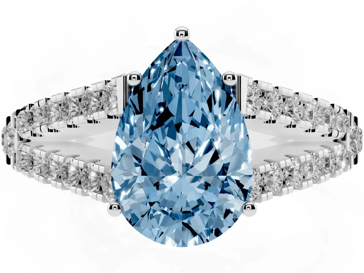 Fancy Blue Pear Cut Diamond Split Shank Engagement Ring with Round Pavé and Prong Setting Platinum