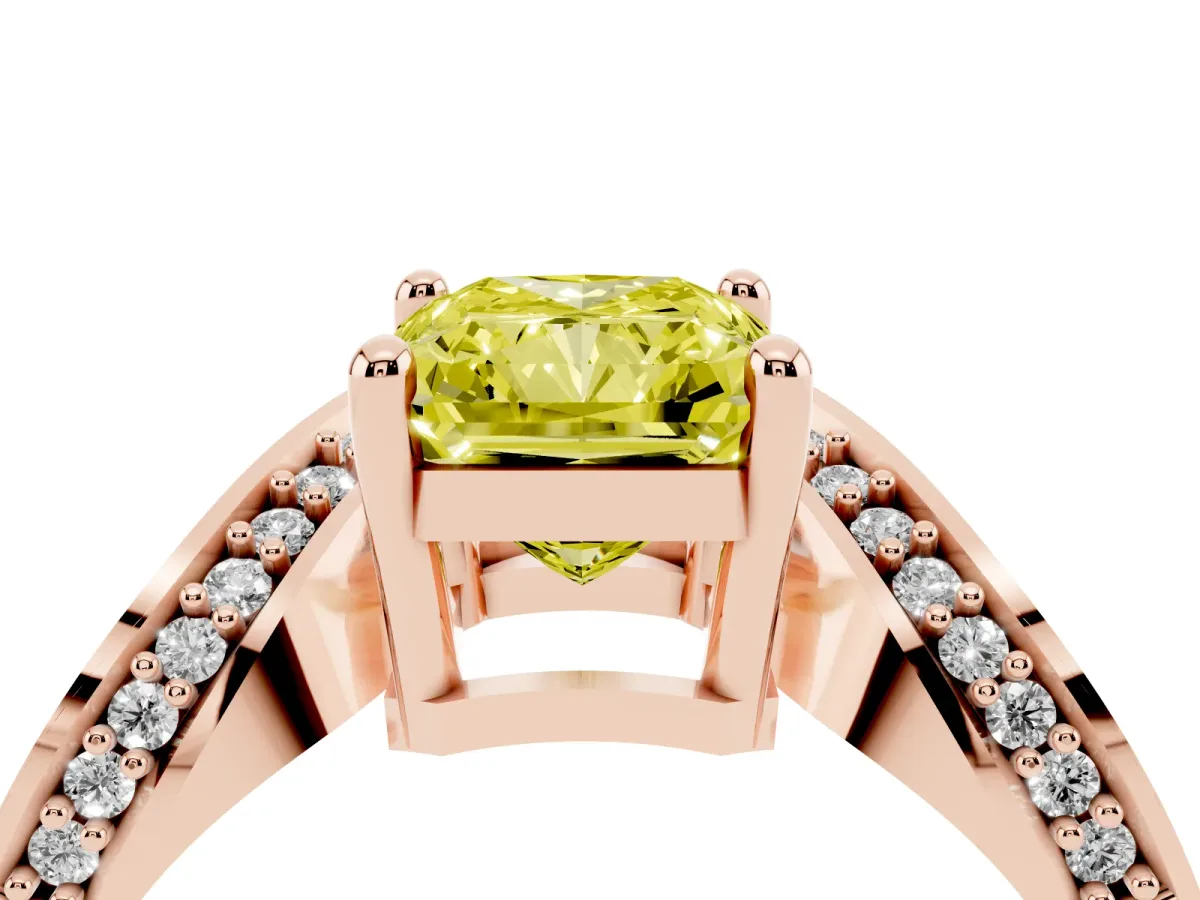 Fancy Yellow Radiant Cut Solitaire Diamond Engagement Ring with Pave Band and Four-Prong Setting Rose gold