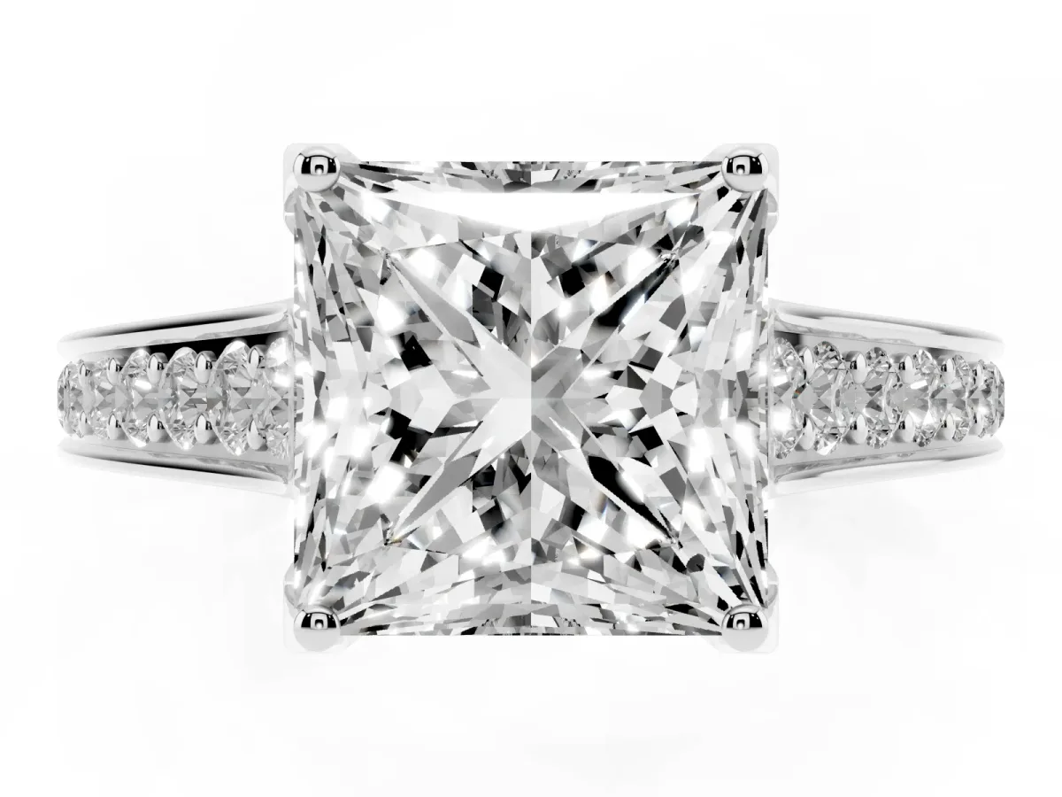 Princess Cut Brilliant Cut Diamond Engagement Ring with Pavé Band and Four-Prong Setting Platinum