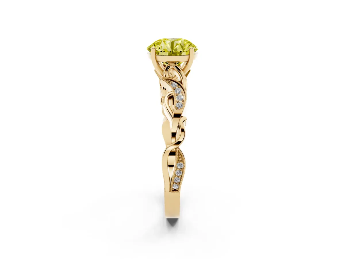 Fancy Yellow Round Cut Solitaire Vine Band with Milgrain Prong Setting Yellow gold