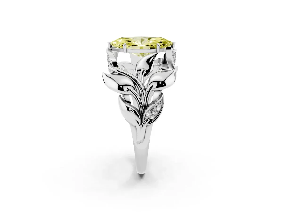 Fancy Yellow Marquise Cut Diamond Leaf-Inspired Engagement Ring with Round Accents and Prong Setting Platinum