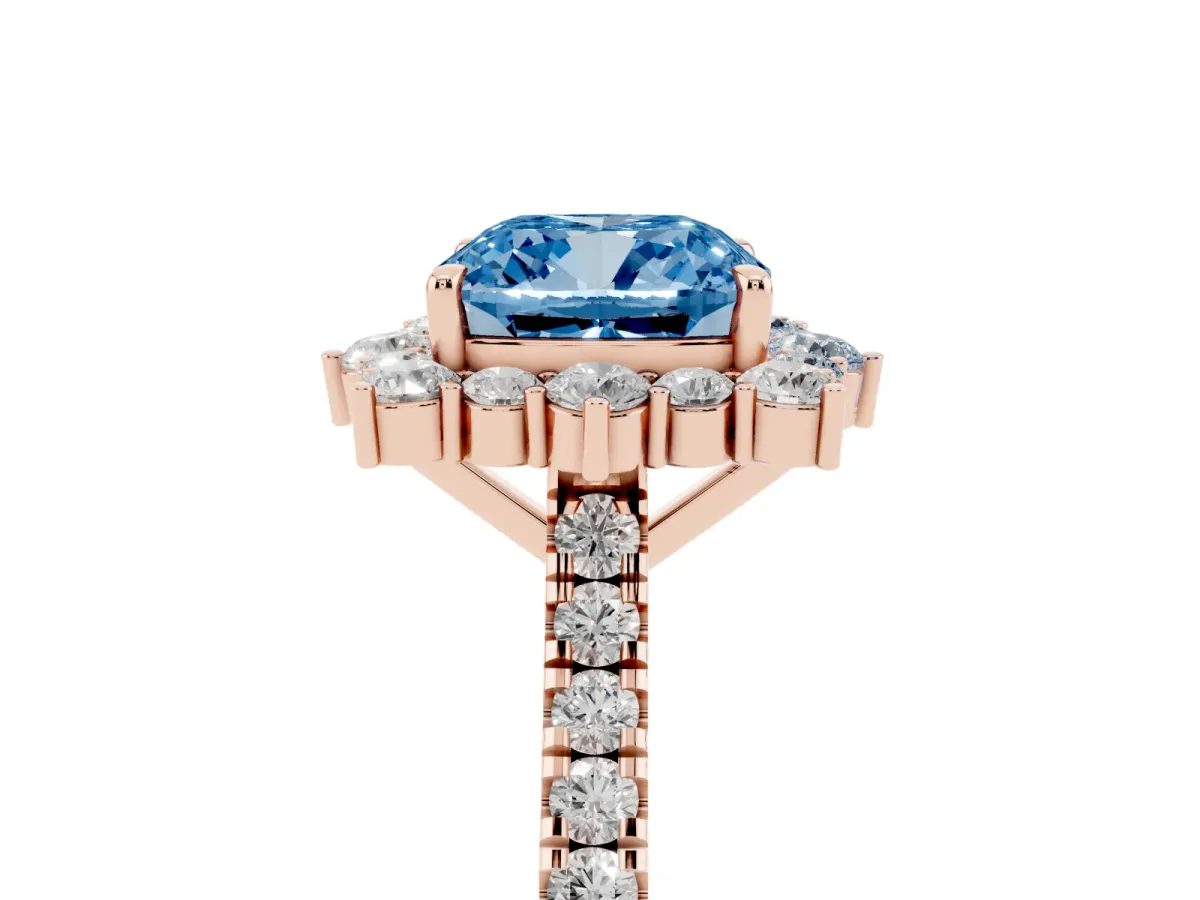 Fancy Blue Cushion Cut Halo Diamond Ring with Pavé Band and Prong Setting Rose gold