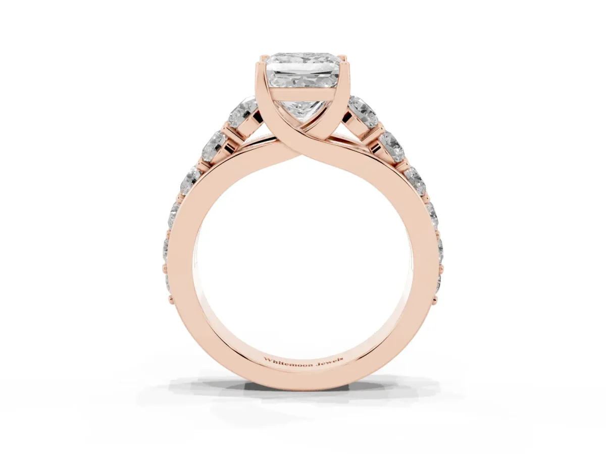Princess Cut Diamond Engagement Ring with Pavé Band and Four-Prong Setting Rose gold