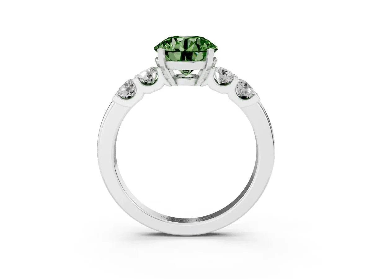 Fancy Green Round Cut Brilliant Cut Diamond Five-Stone Prong Set Engagement Ring with Channel Band Silver