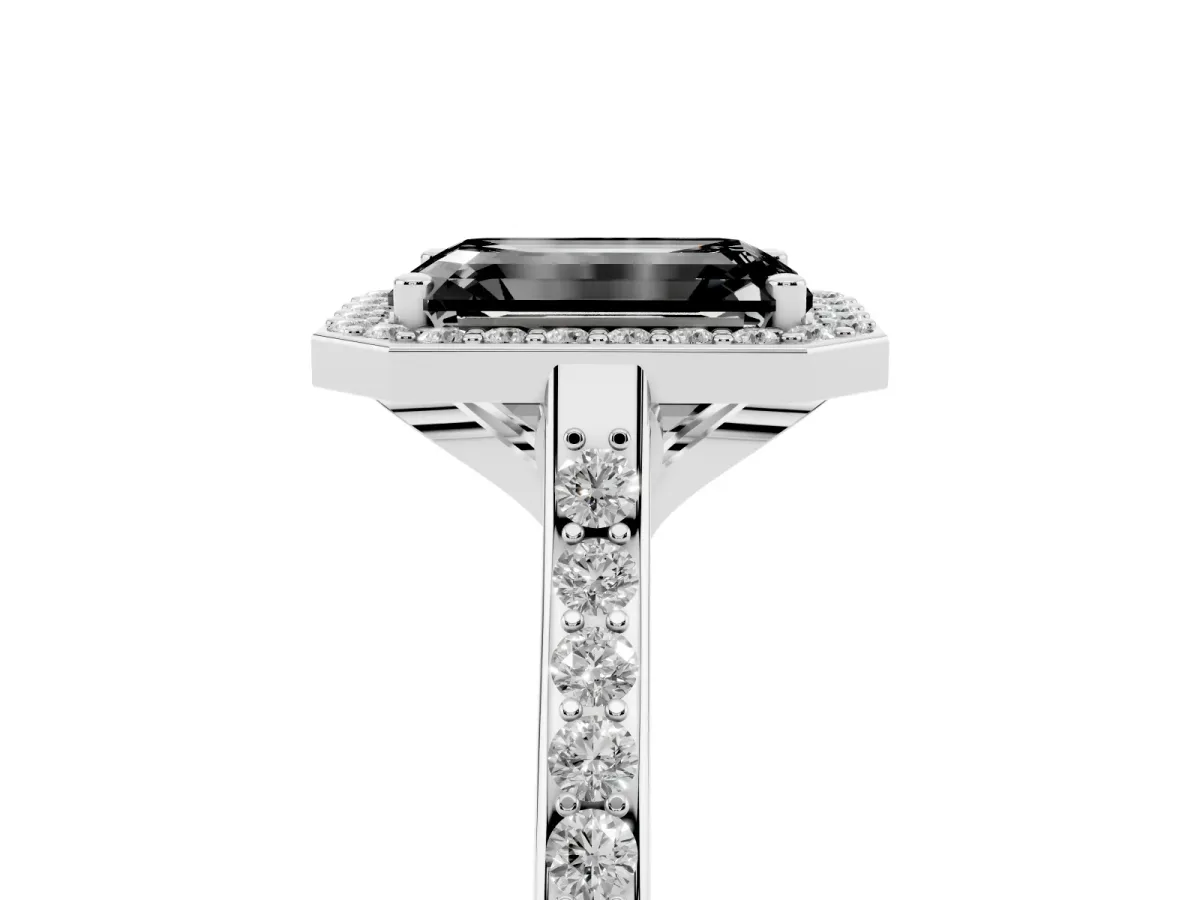 Fancy Black Emerald Cut Diamond Halo Engagement Ring with Round Pavé Shoulders and Prong Setting White gold