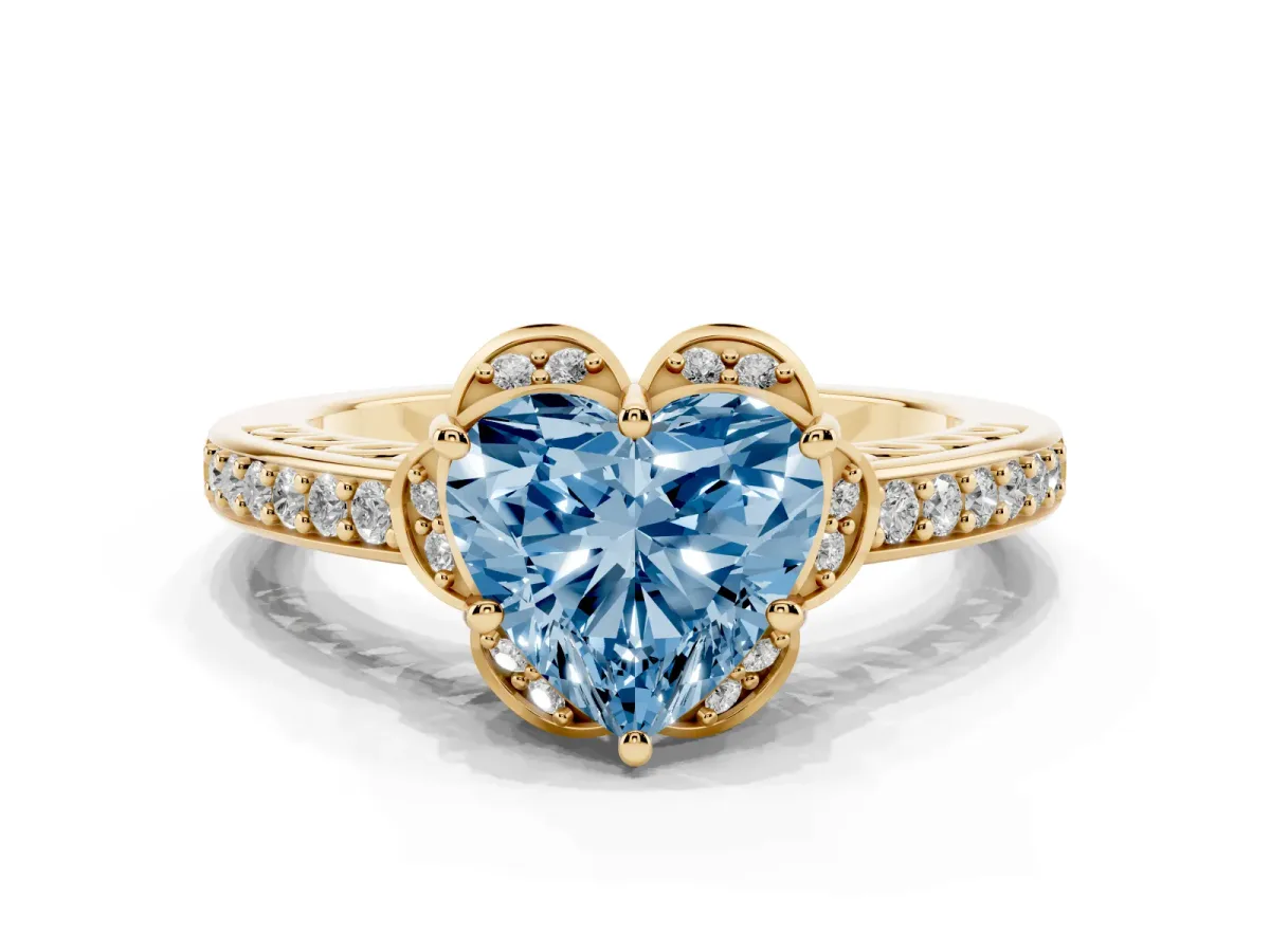 Fancy Blue Heart Cut Cut Halo Diamond Ring with Channel Set Band and Four-Prong Setting Yellow gold