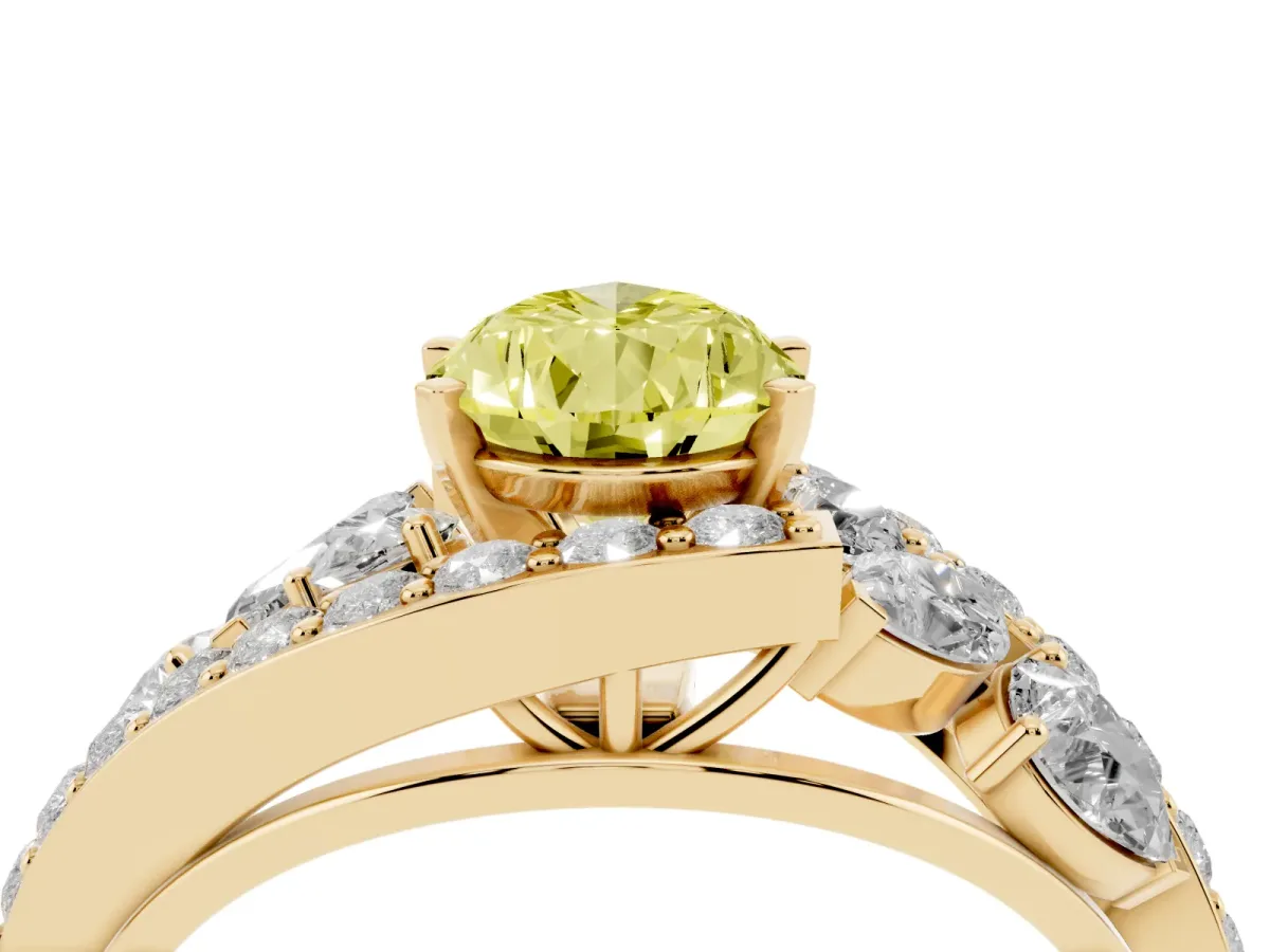 Fancy Yellow Pear Cut Diamond Halo Ring with Marquise and Pavé Band in Prong Setting Yellow gold