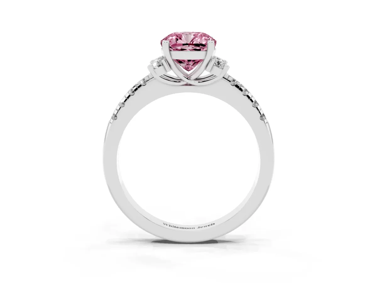 Fancy Pink Cushion Cut Diamond Three-Stone Pave Band with Four-Prong Setting Silver