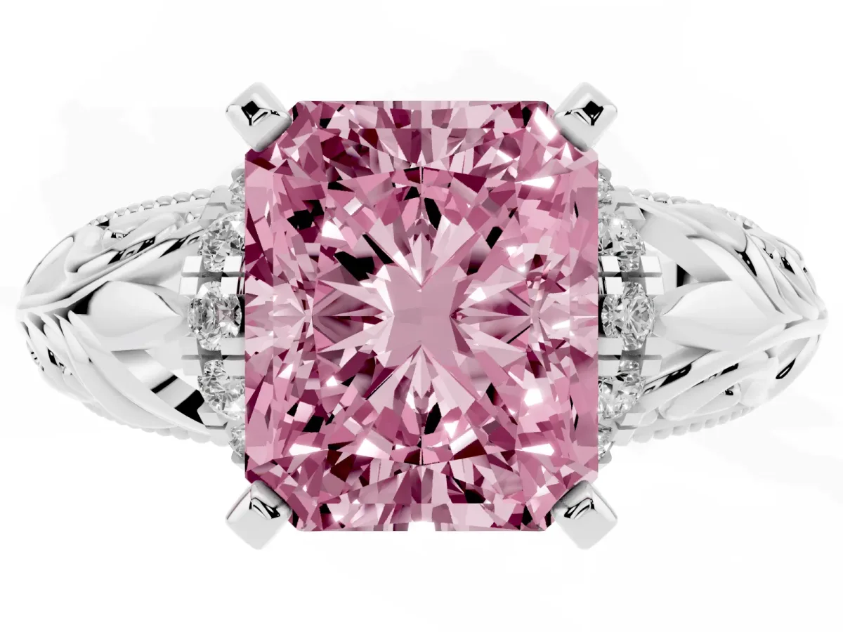Fancy Pink Radiant Cut Solitaire Filigree Engagement Ring with Halo and Prong Setting Silver