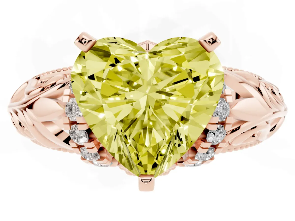 Fancy Yellow Heart Cut Solitaire Filigree Engagement Ring with Halo and Prong Setting Rose gold