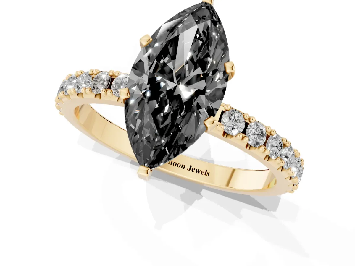 Fancy Black Marquise Cut Diamond Solitaire Pavé Band with Four-Prong Setting Yellow gold