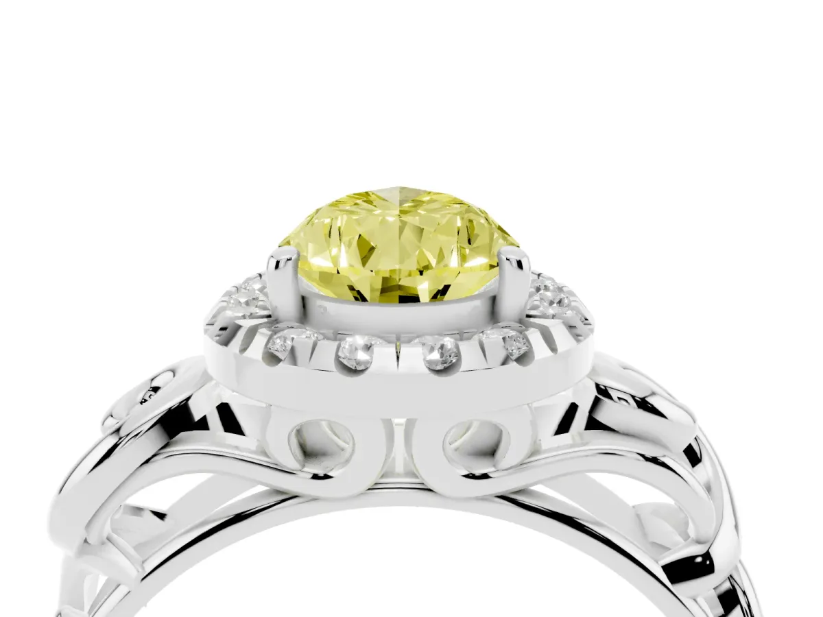 Fancy Yellow Pear Cut Cut Halo Diamond Ring with Scrollwork Band and Four-Prong Setting Silver
