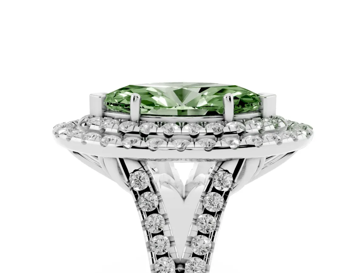 Fancy Green Double Halo Marquise Cut Diamond Pavé Split Shank Ring with Prong Setting Platinum