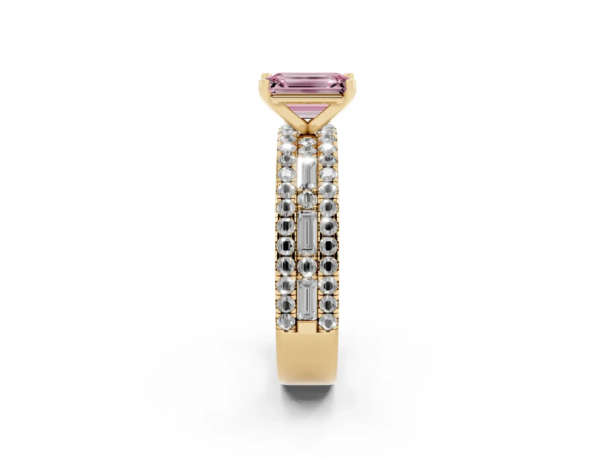Fancy Pink Emerald Cut Diamond Solitaire Ring with Pavé and Channel Set Band Yellow gold