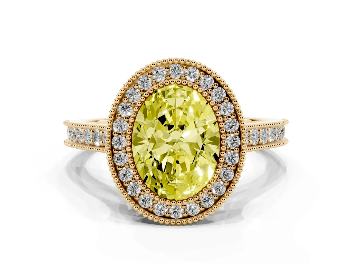 Fancy Yellow Halo Oval Cut-Cut Diamond Pave Band Milgrain Prong Setting Ring Yellow gold