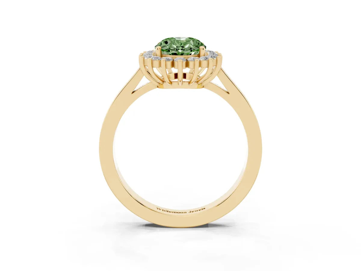Fancy Green Oval Cut Cut Diamond Halo Ring with Round Brilliant Halo and Solitaire Band Yellow gold