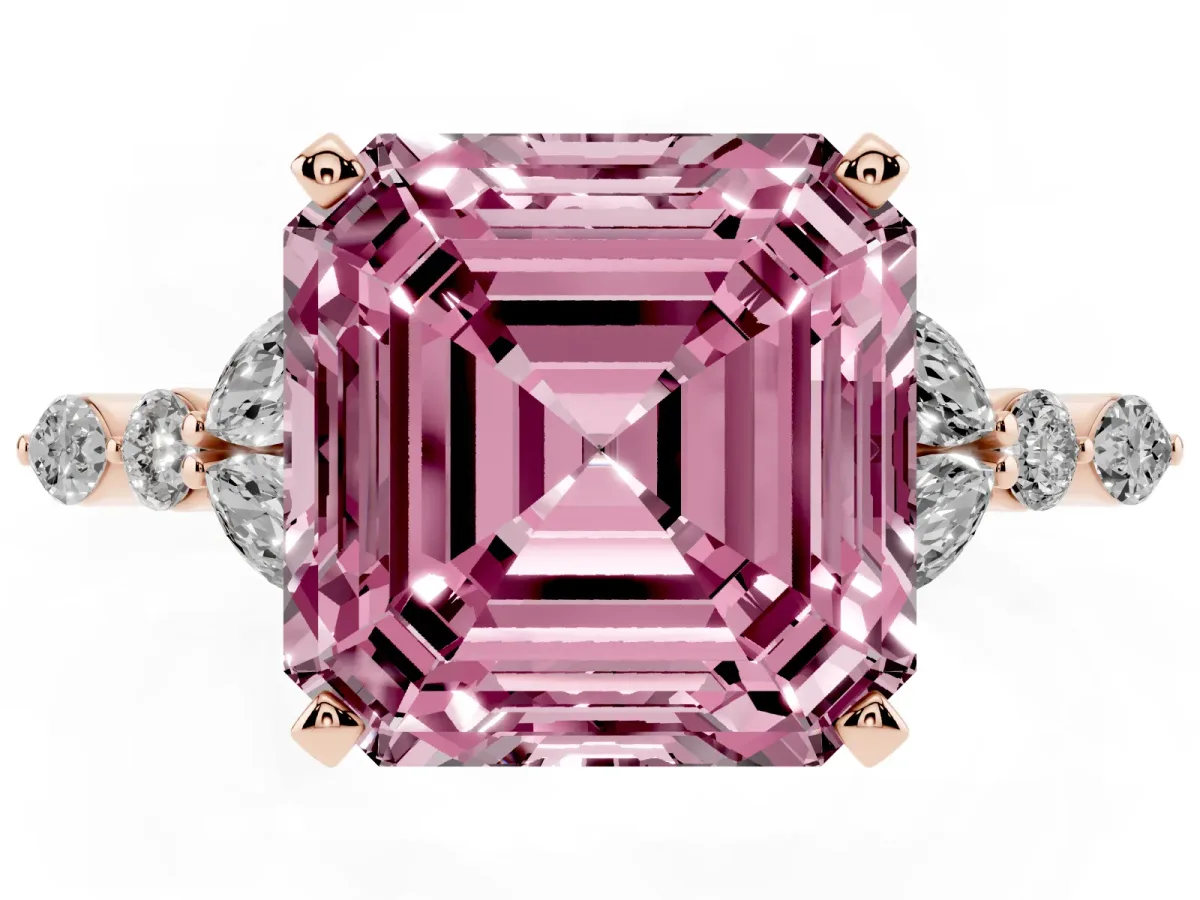 Fancy Pink Asscher Cut Diamond Solitaire Ring with Side Stones and Four-Prong Setting Rose gold