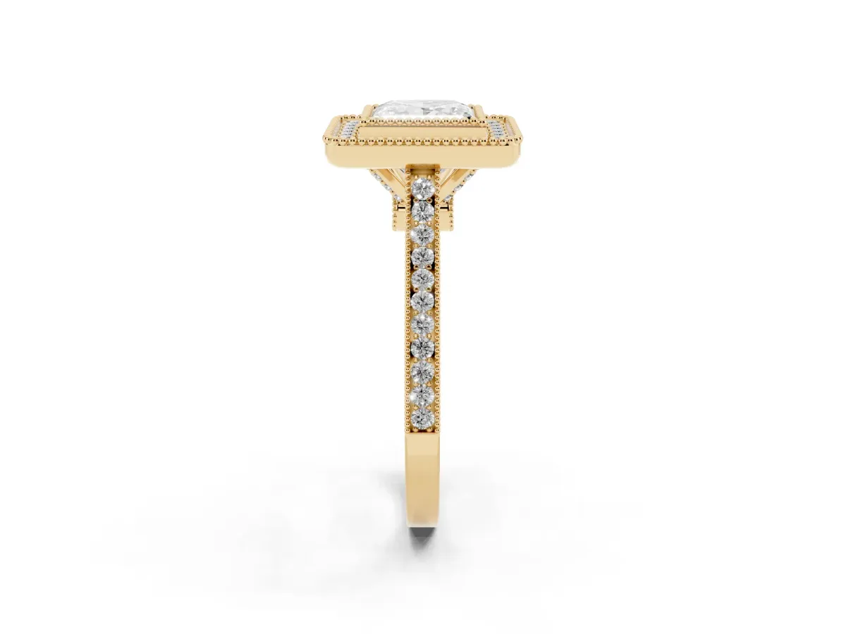 Princess Cut Diamond Halo Ring with Milgrain Frame and Pavé Band Yellow gold