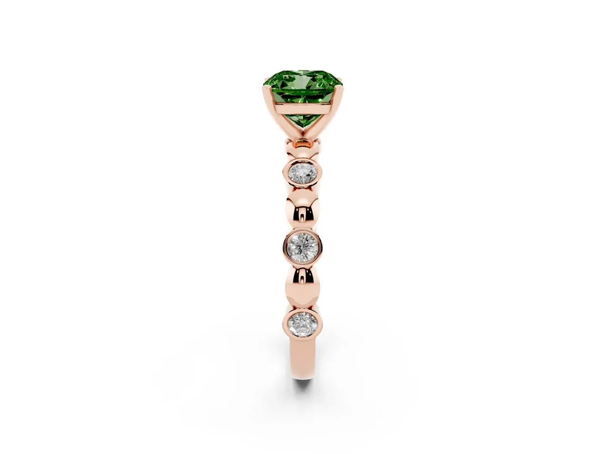Fancy Green Cushion Cut Solitaire Bezel-Set Diamond Ring with Beaded Band and Four-Prong Setting Rose gold