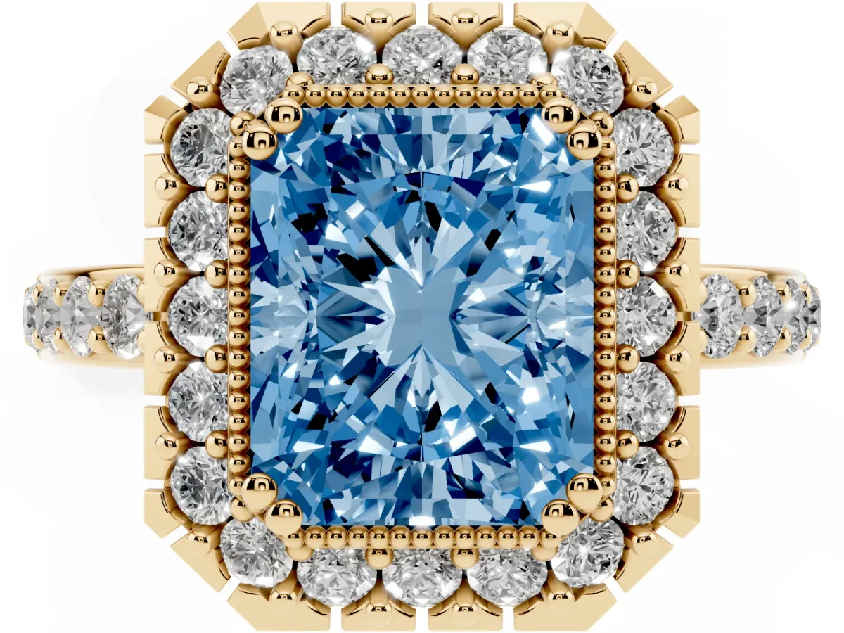 Fancy Blue Radiant Cut Diamond Halo Ring with Pavé Band and Prong Setting Yellow gold