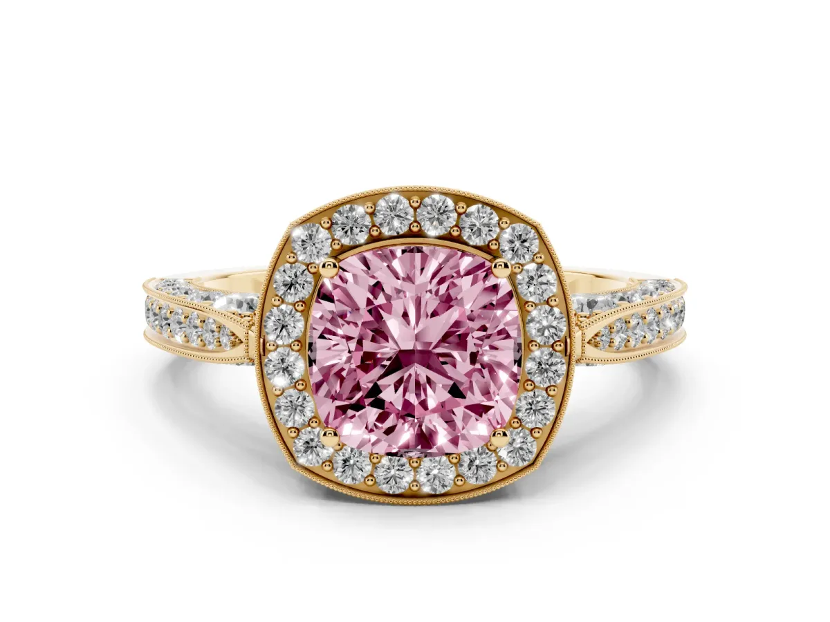 Fancy Pink Cushion Cut Halo Diamond Engagement Ring with Split Shank Band and Four-Prong Setting Yellow gold