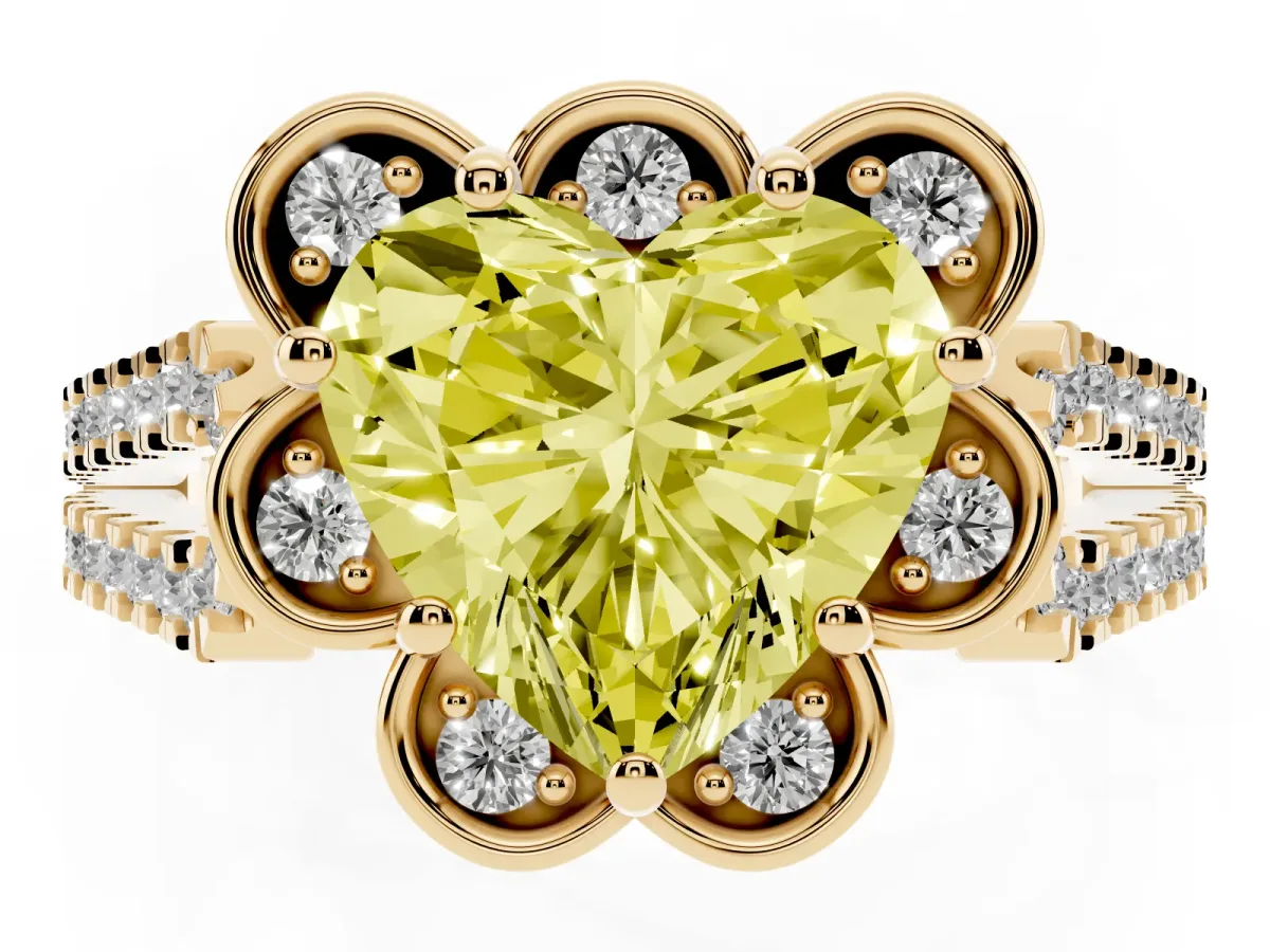 Fancy Yellow Heart Cut Halo Diamond Floral Split Shank Engagement Ring Yellow gold