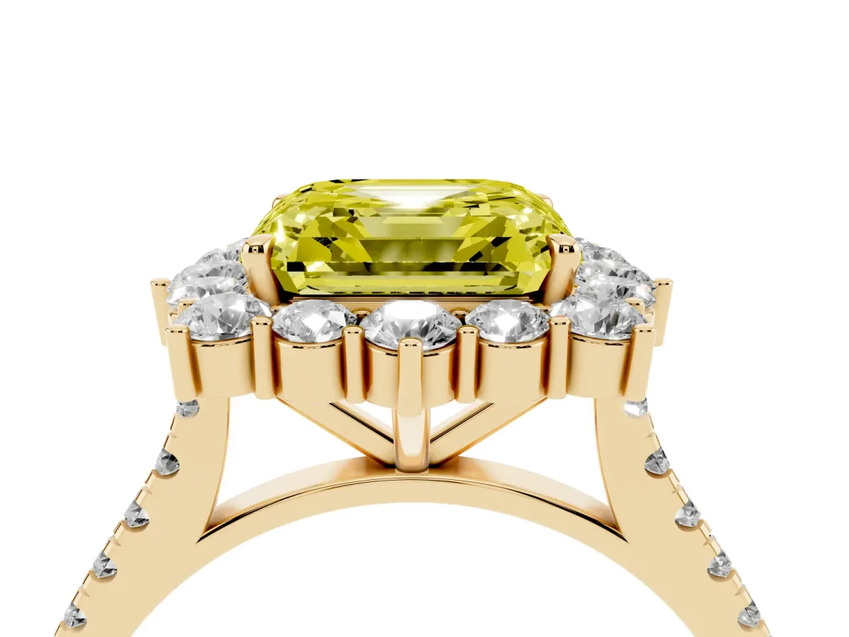 Fancy Yellow Asscher Cut Halo Diamond Ring with Pavé Band and Prong Setting Yellow gold