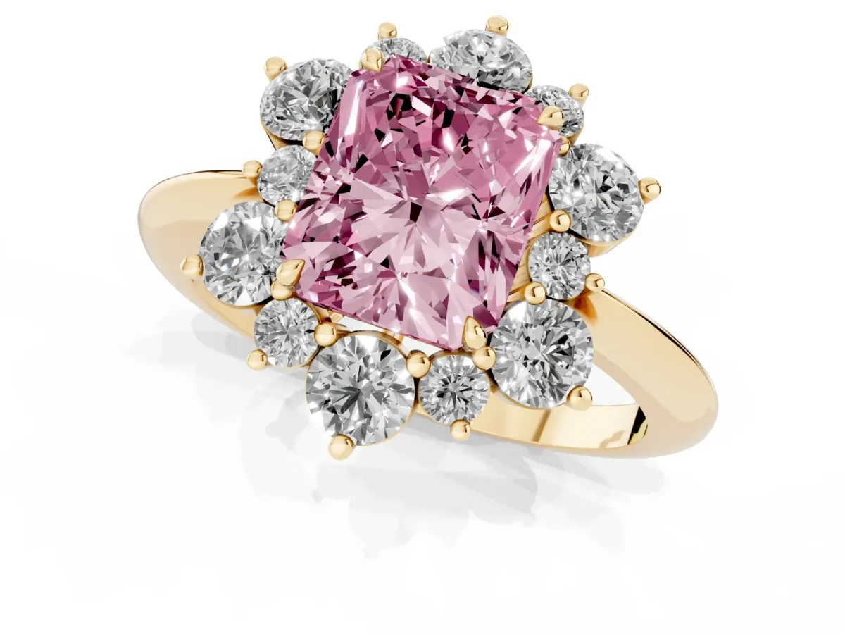 Fancy Pink Radiant Cut Diamond Cluster Halo Ring with Solitaire Band and Four-Prong Setting Yellow gold