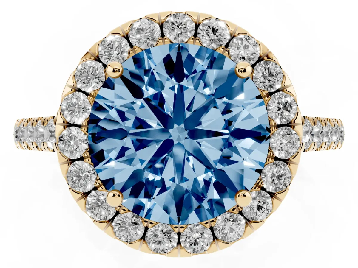 Fancy Blue Round Cut Halo Pave Diamond Engagement Ring with Four-Prong Setting Yellow gold