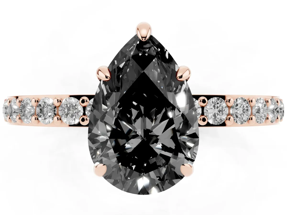 Fancy Black Pear Cut Diamond Pavé Engagement Ring with Round Accents and Prong Setting Rose gold