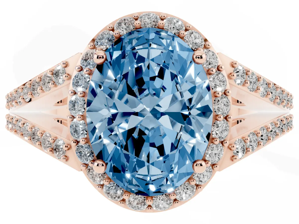 Fancy Blue Oval Cut Halo Split Shank Diamond Ring with Prong Setting Rose gold