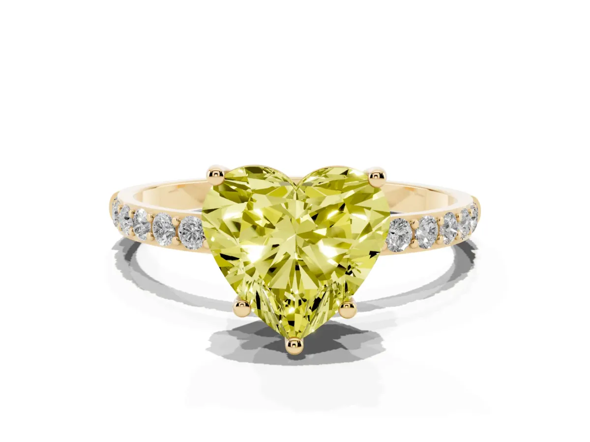 Fancy Yellow Heart Cut Diamond Solitaire Ring with Round Pavé Shoulders and Prong Setting Yellow gold