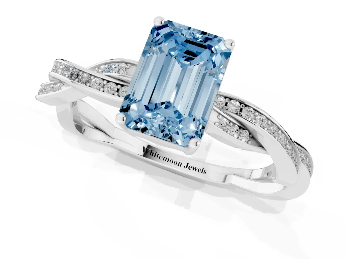 Fancy Blue Emerald Cut Solitaire Twisted Pave Diamond Ring with Four-Prong Setting White gold