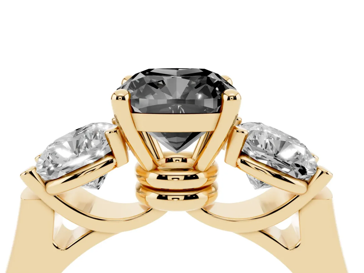 Fancy Black Three-Stone Cushion Cut Brilliant Diamond Trellis Ring with Comfort Fit Band Yellow gold
