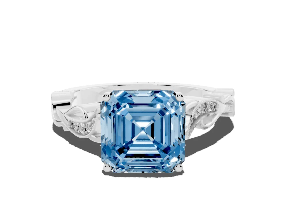 Fancy Blue Asscher Cut Solitaire Vine Band with Milgrain Prong Setting Silver